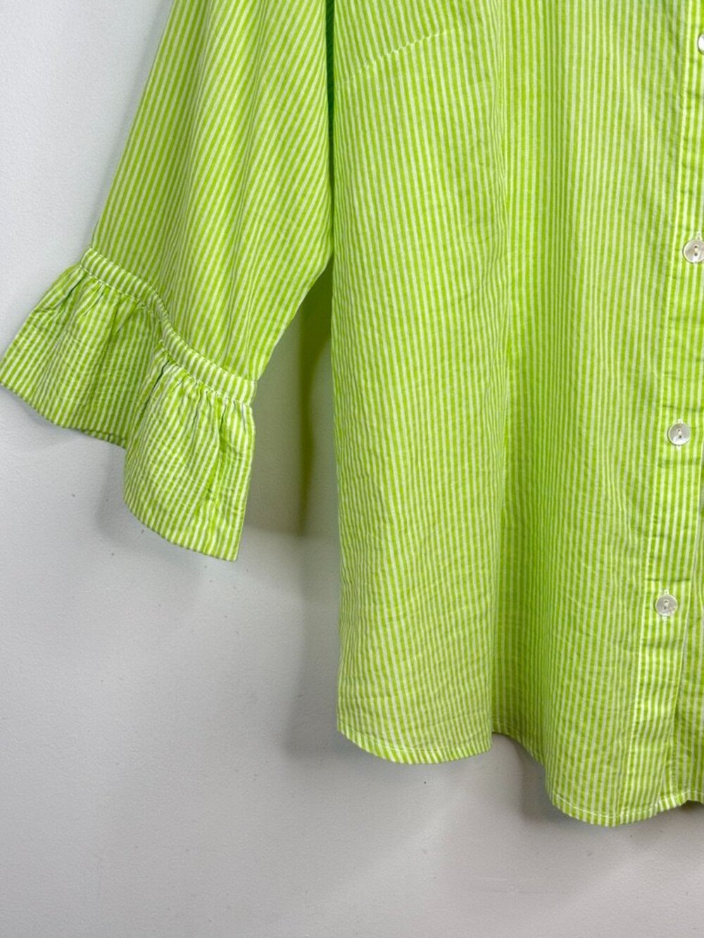 Gretchen Scott Cotton Priss Blouse L Lime Green White Striped Ruffle Bell Sleeve - Picture 3 of 10